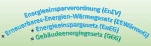 Energieeinsparverordnung (EnEV) + Erneuerbares-Energien-Wärmegesetz (EEWärmeG) + Energieeinspargesetz (EnEG) = Gebäudeenergiegesetz (GEG)